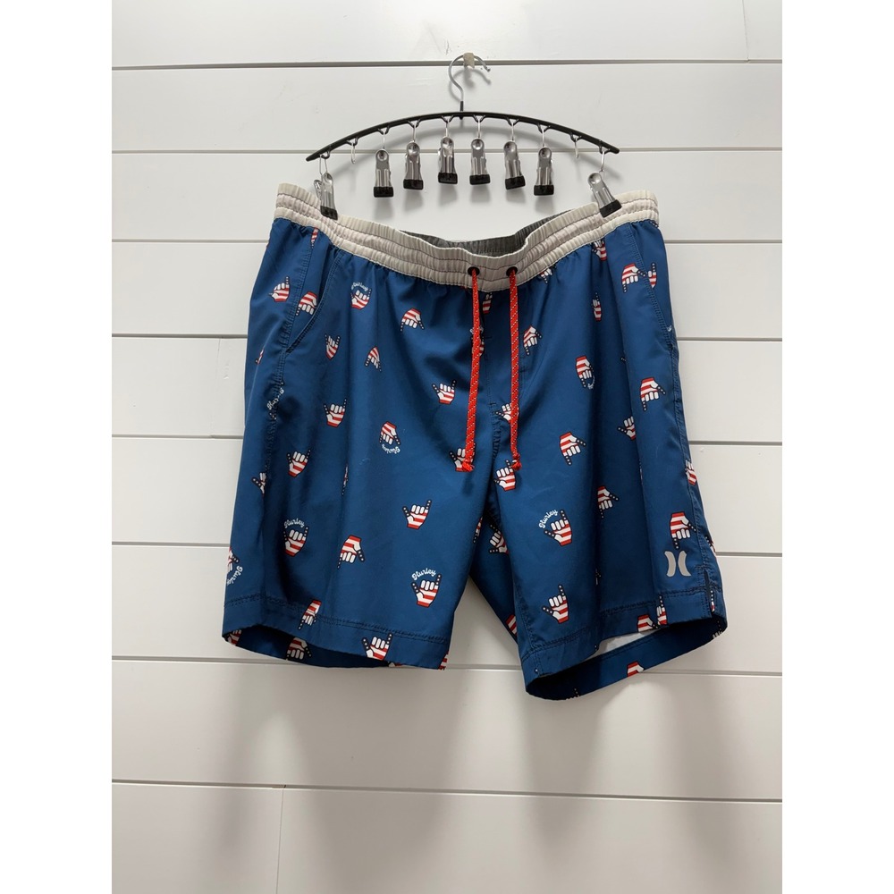 Hurley Mens Blue Shaka Flag Print Board Swim Trunks Large Patriotic American